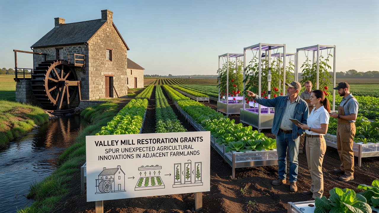 Farmers installing soil moisture sensors and precision irrigation equipment on fields adjacent to the restored Valley Mill site